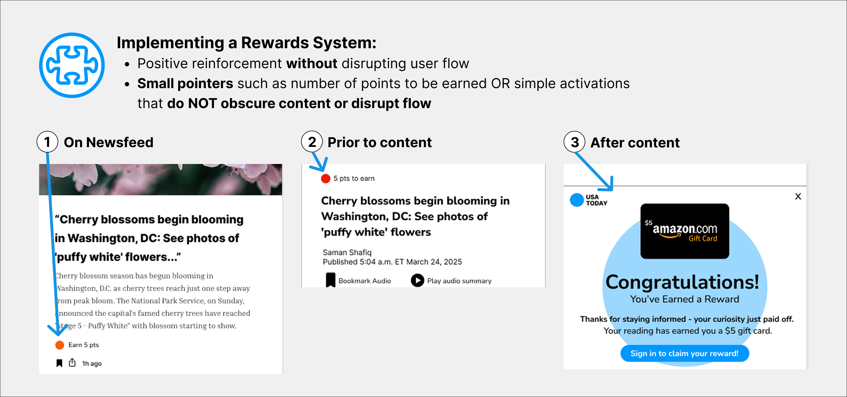 Rewards in the UI: number of points to earn before articles, points or rewards earned after reading.