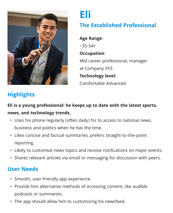 Mid-career professional Eli keeps up with news, sports, and technology.