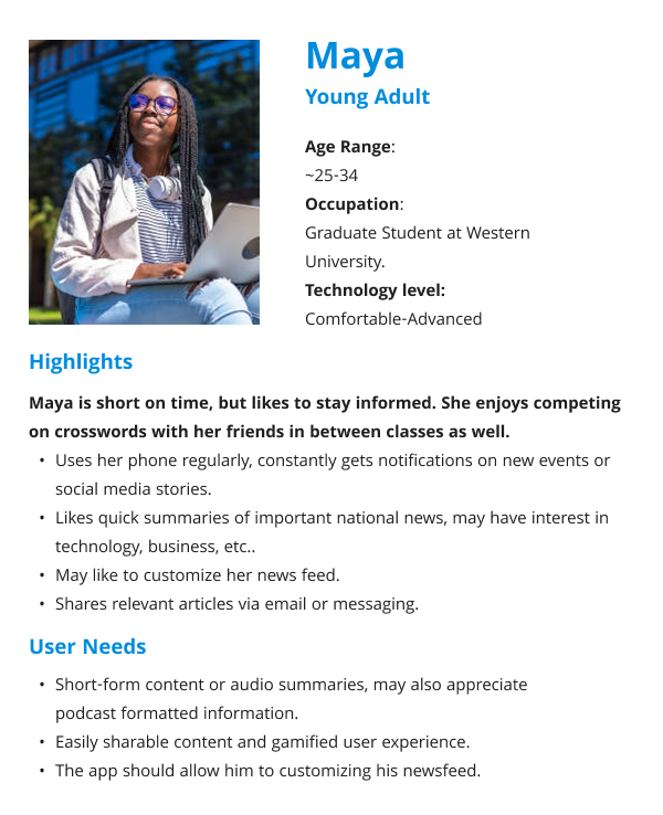 Young adult Maya stays informed, sharing articles, and solving crosswords.