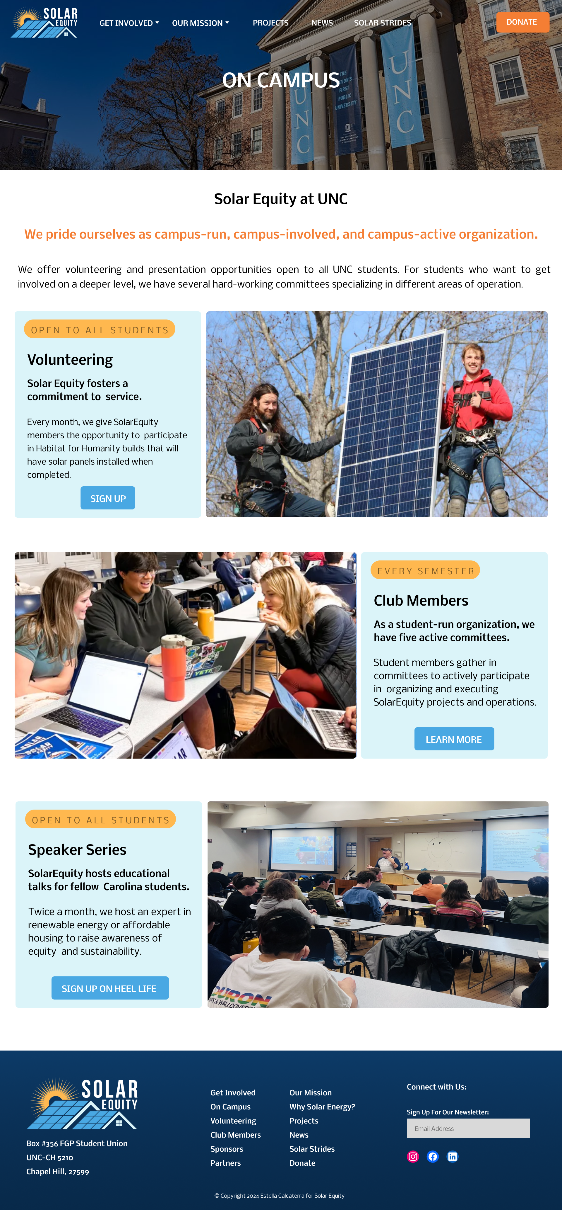 Students page gives users the option to join, volunteer, or attend speaker talks.