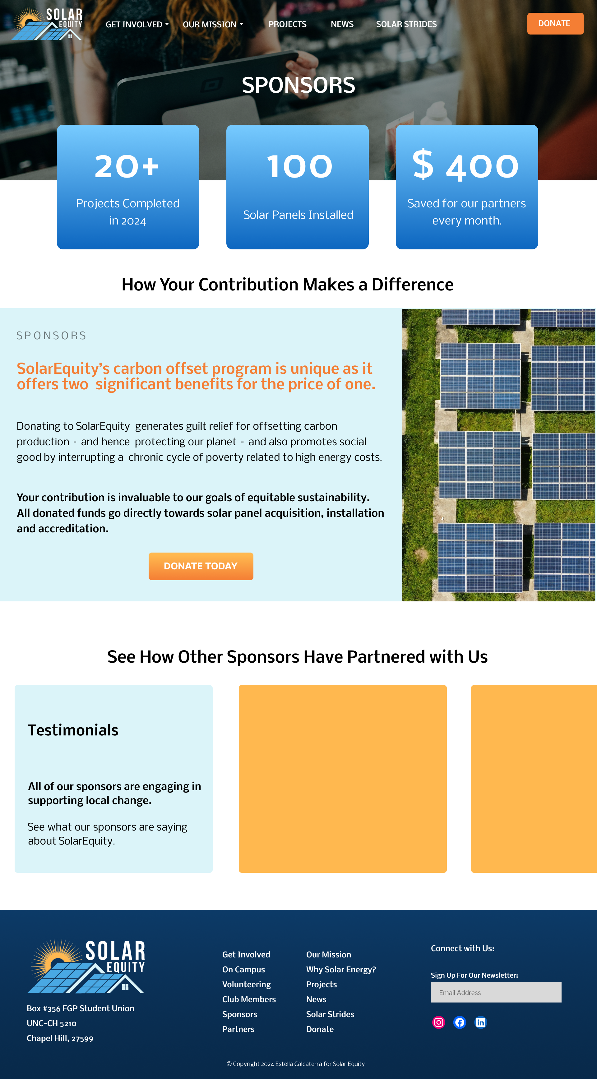 Sponsors page discussing previous projects and how donations help support the org.