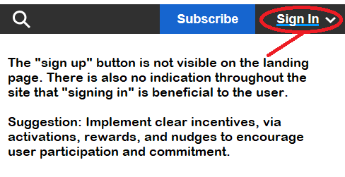 An arrow pointing to the visually distinguished subscribe button (no sign up button is visible).