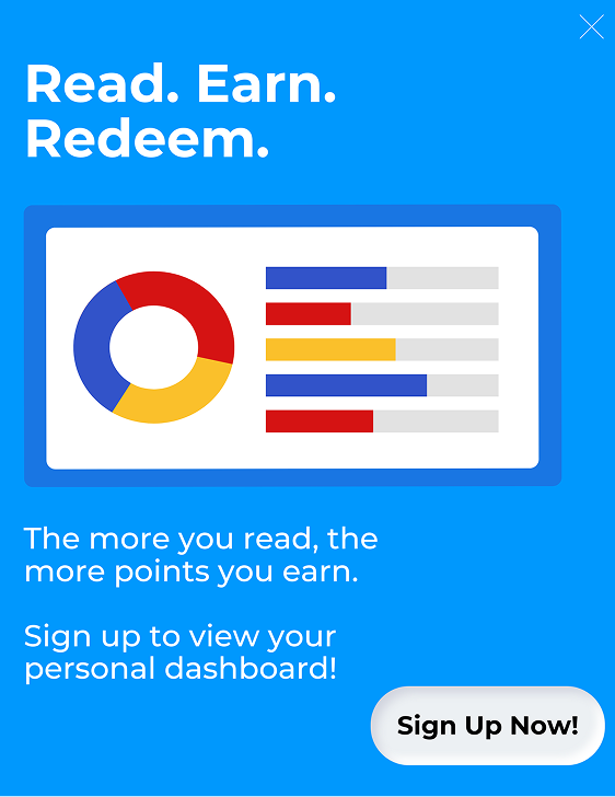 Ad reading 'read, earn, redeem'.