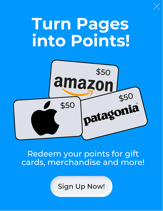 Ad reading 'turn pages into points' with images of potential gift card rewards.
