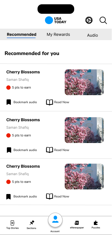 Recommended page, shows articles and potential points to be earned.