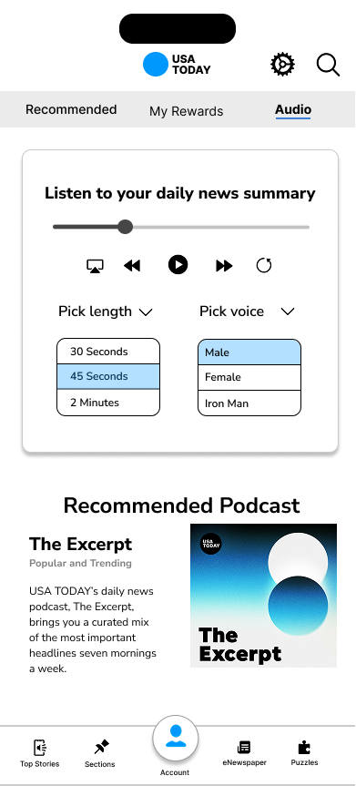 Audio page, users can play a daily news summary podcast.