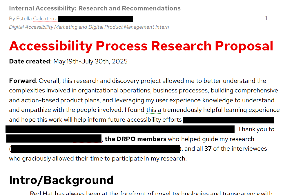 Cover of the research report document, title reads, Accessibility Process Research Proposal.