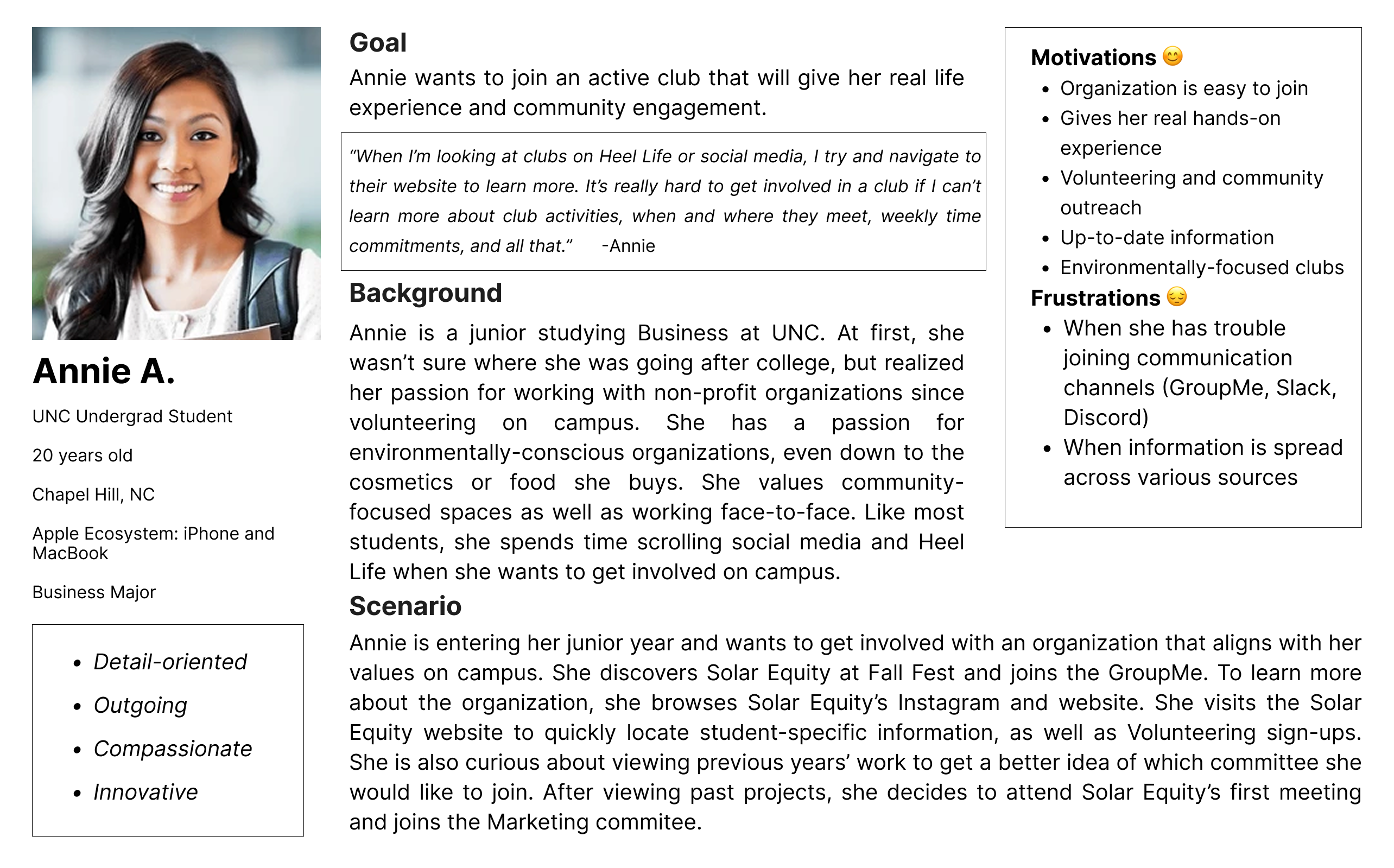 Persona chart describing a student's experience with the website.