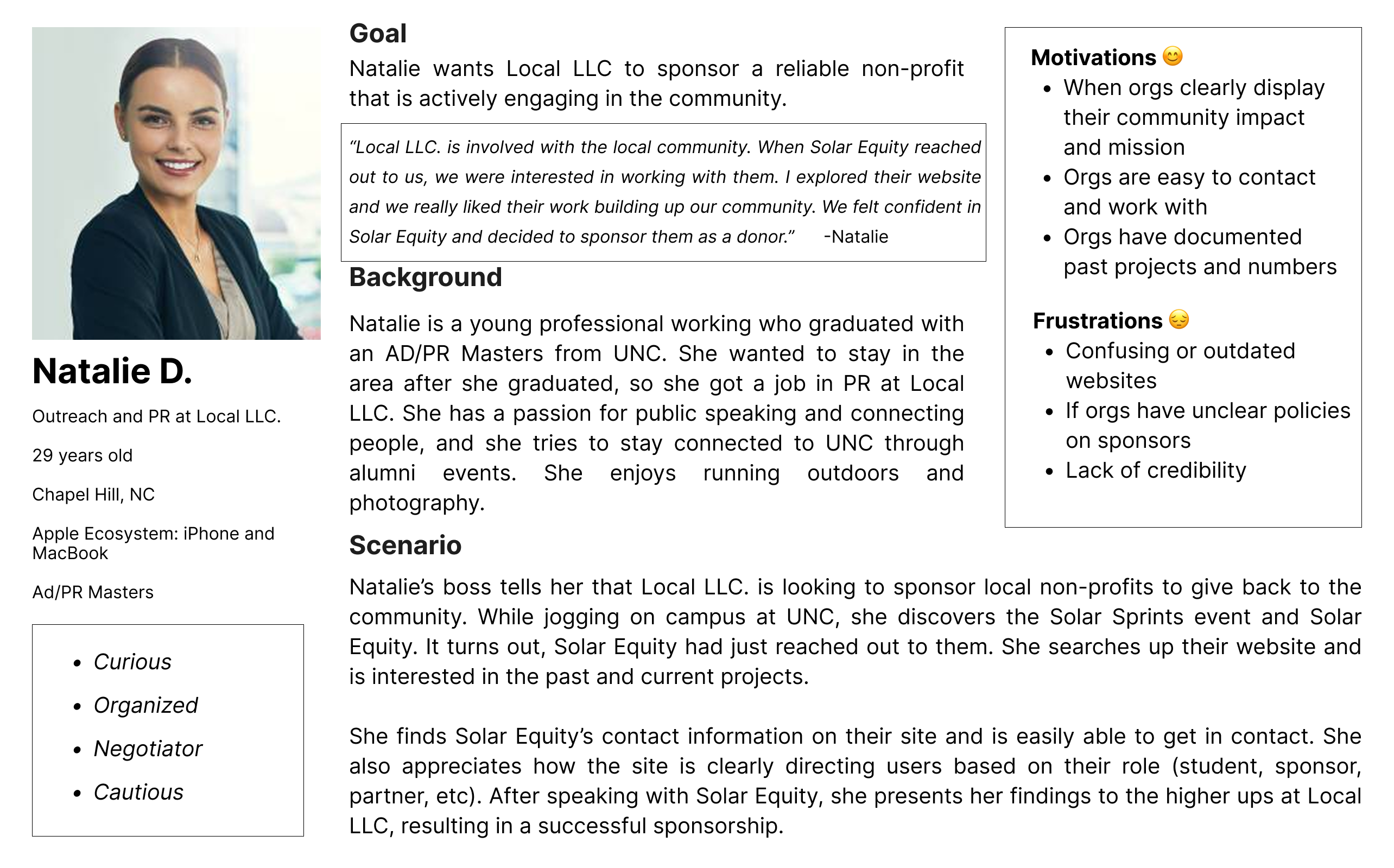 Persona chart describing a sponsor's experience with the website.