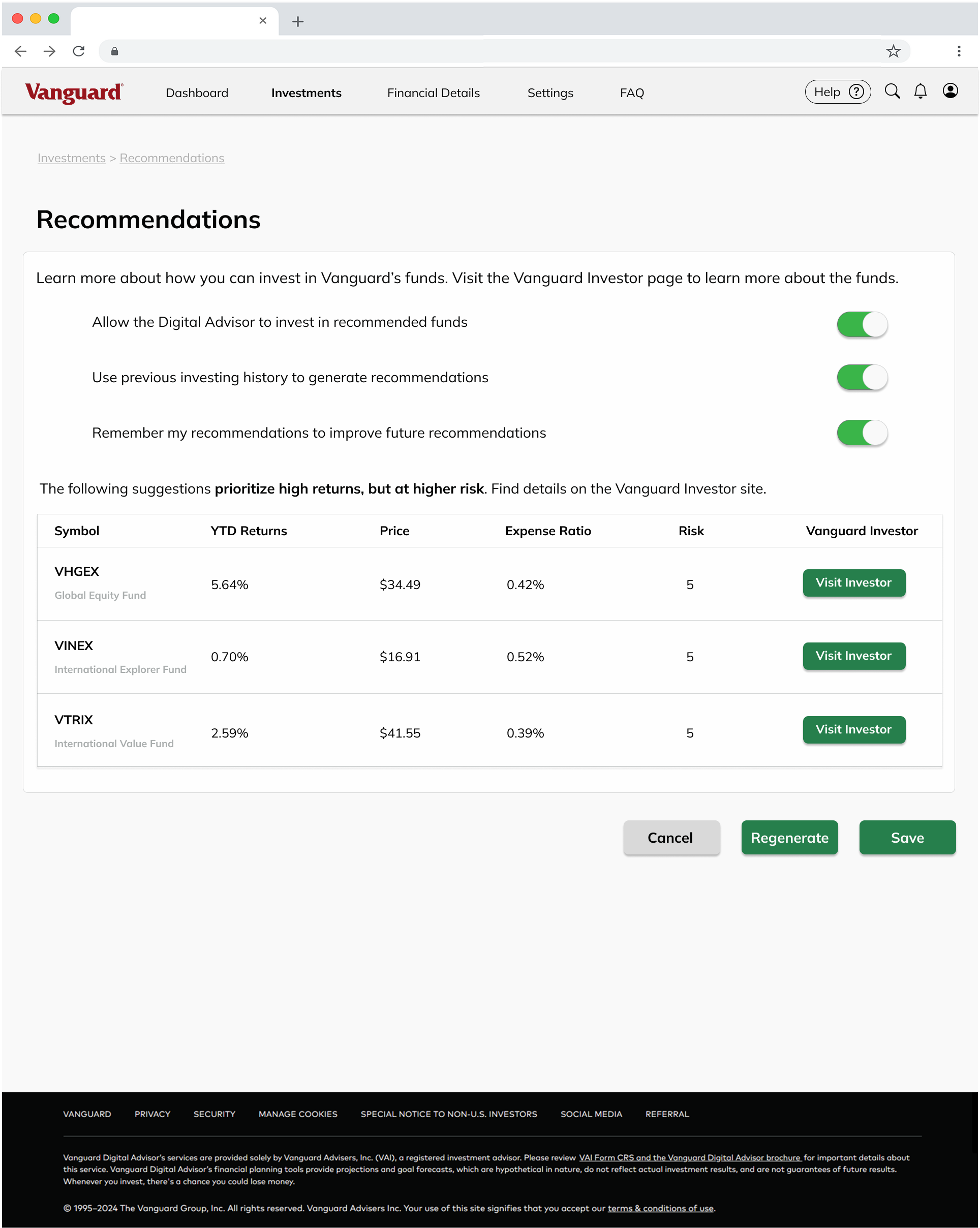 Wireframe model of the recommendations page highlighting potential investment options.