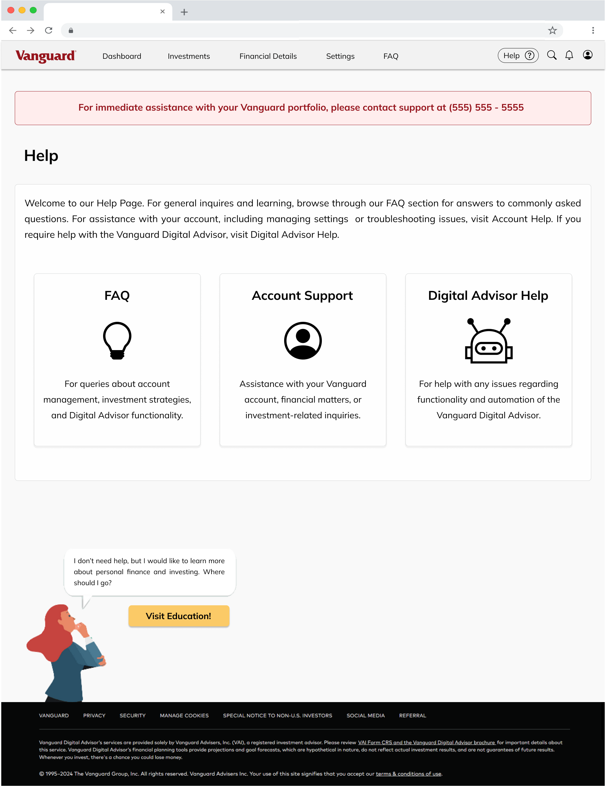 Wireframe model of the help page where users can select from several help options.